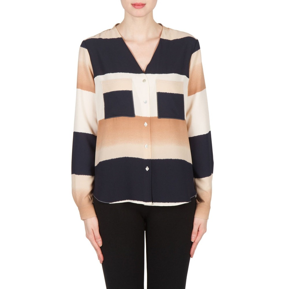 Joseph Ribkoff Navy Tan Striped Button Up‎ Blouse Split Back Crepe 8